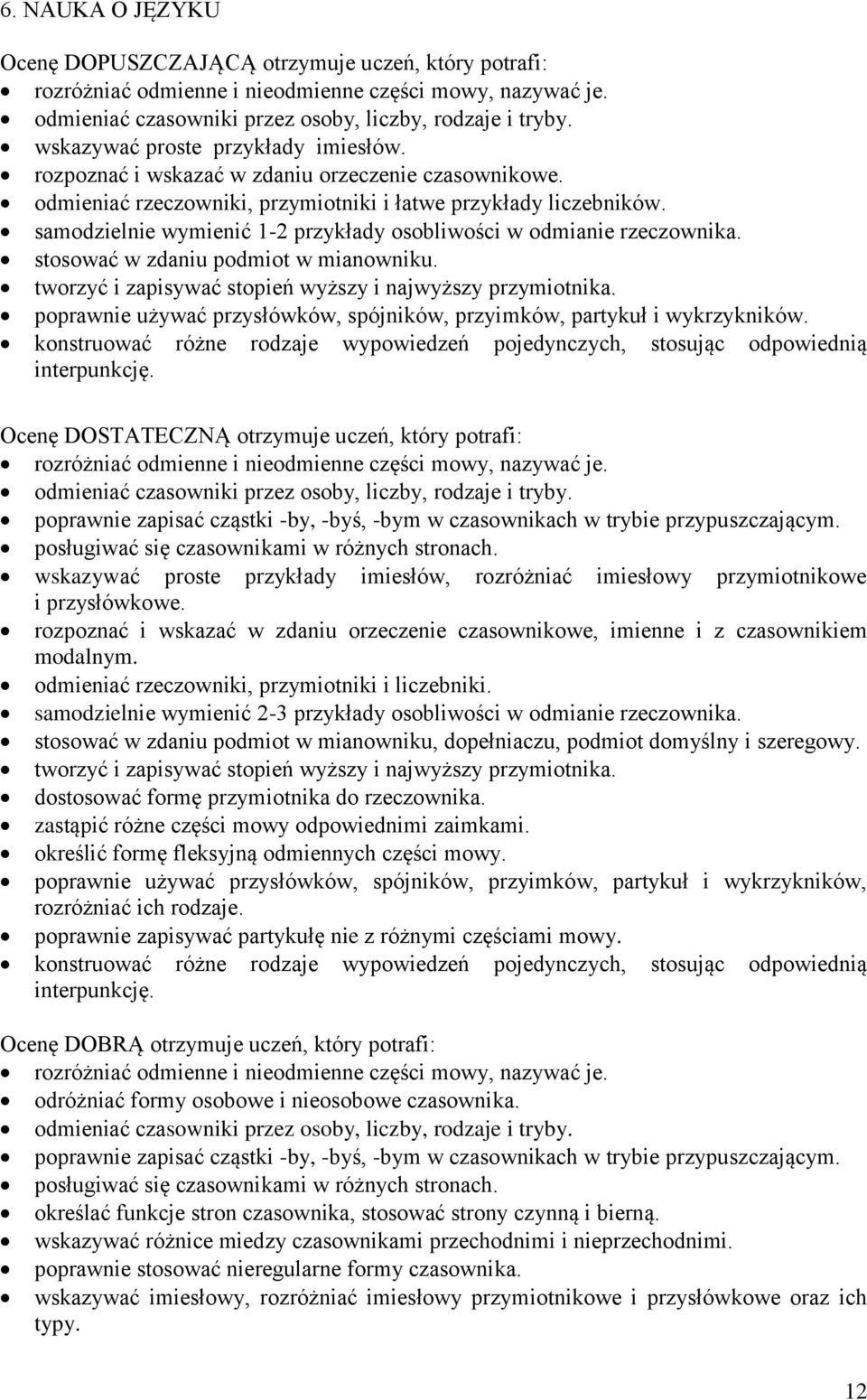 samodzielnie wymienić 1-2 przykłady osobliwości w odmianie rzeczownika. stosować w zdaniu podmiot w mianowniku. tworzyć i zapisywać stopień wyższy i najwyższy przymiotnika.