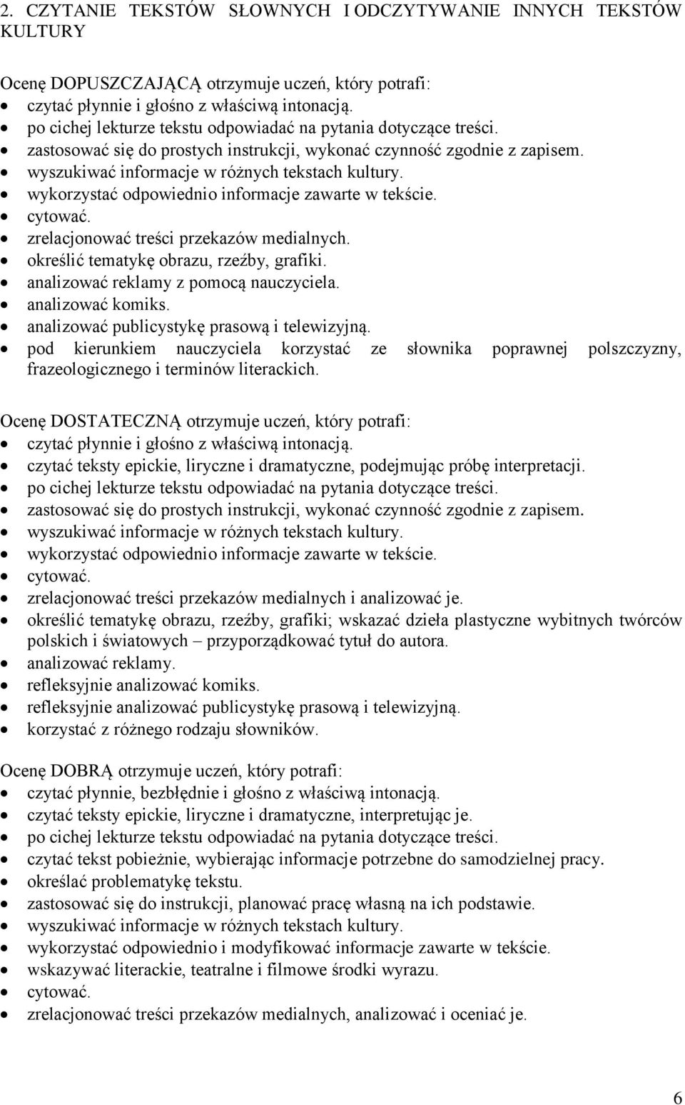 wykorzystać odpowiednio informacje zawarte w tekście. cytować. zrelacjonować treści przekazów medialnych. określić tematykę obrazu, rzeźby, grafiki. analizować reklamy z pomocą nauczyciela.