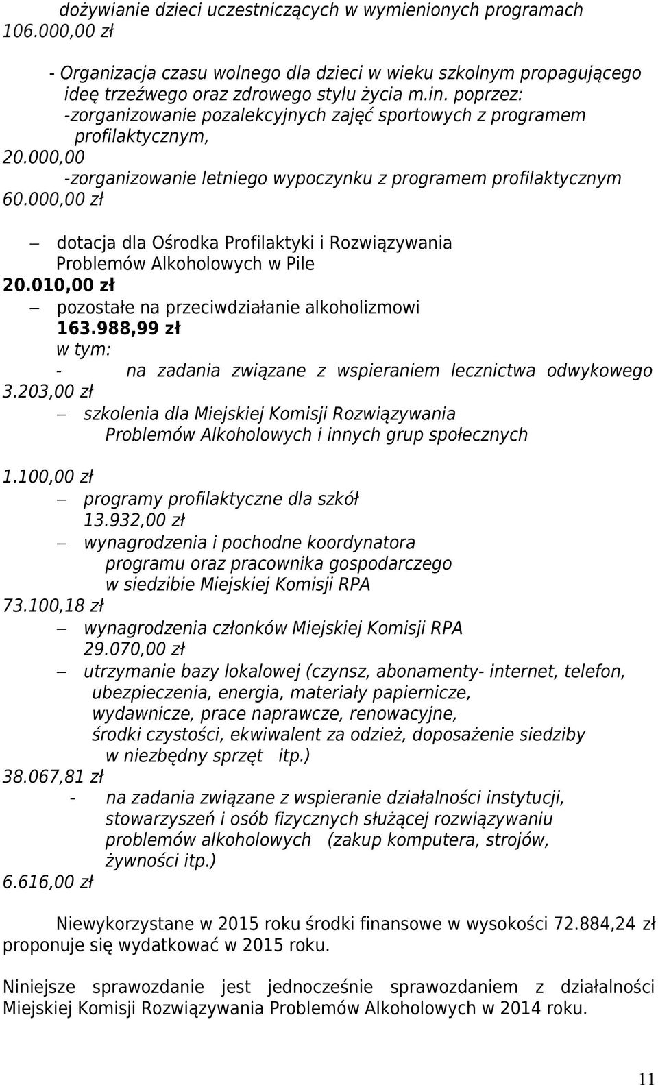 000,00 zł dotacja dla Ośrodka Profilaktyki i Rozwiązywania Problemów Alkoholowych w Pile 20.010,00 zł pozostałe na przeciwdziałanie alkoholizmowi 163.