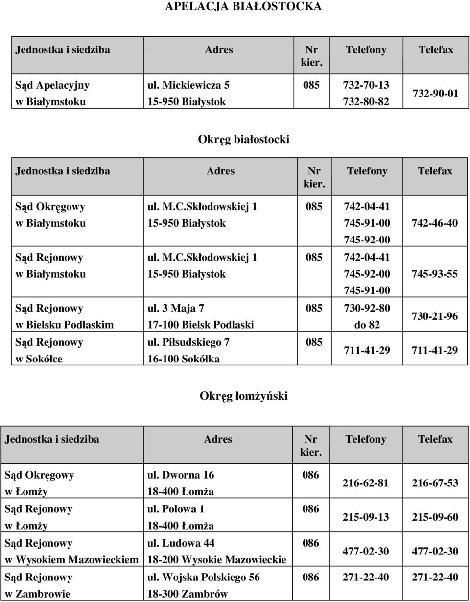 M.C.Skłodowskiej 1 15-950 Białystok ul. 3 Maja 7 17-100 Bielsk Podlaski ul.