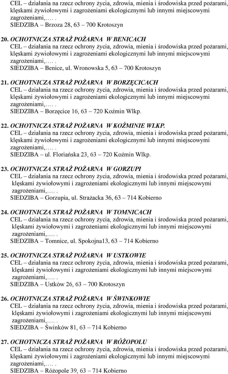 63 720 Koźmin Wlkp. 23. OCHOTNICZA STRAŻ POŻARNA W GORZUPI SIEDZIBA Gorzupia, ul. Strażacka 36, 63 714 Kobierno 24. OCHOTNICZA STRAŻ POŻARNA W TOMNICACH SIEDZIBA Tomnice, ul.