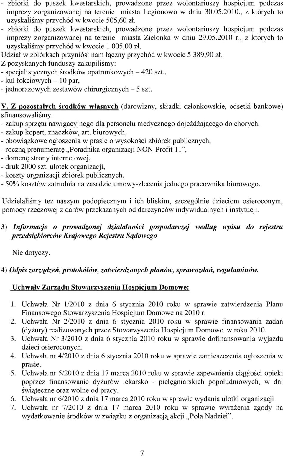 05.2010 r., z których to uzyskaliśmy przychód w kwocie 1 005,00 zł. Udział w zbiórkach przyniósł nam łączny przychód w kwocie 5 389,90 zł.