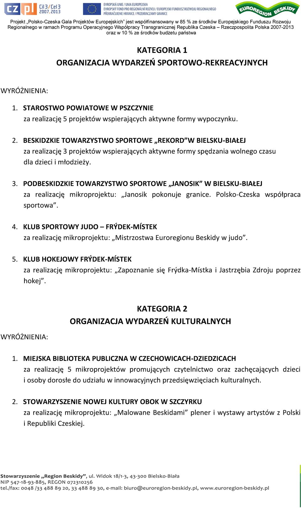 Polsko-Czeska współpraca sportowa. 4. KLUB SPORTOWY JUDO FRÝDEK-MÍSTEK za realizację mikroprojektu: Mistrzostwa Euroregionu Beskidy w judo. 5.