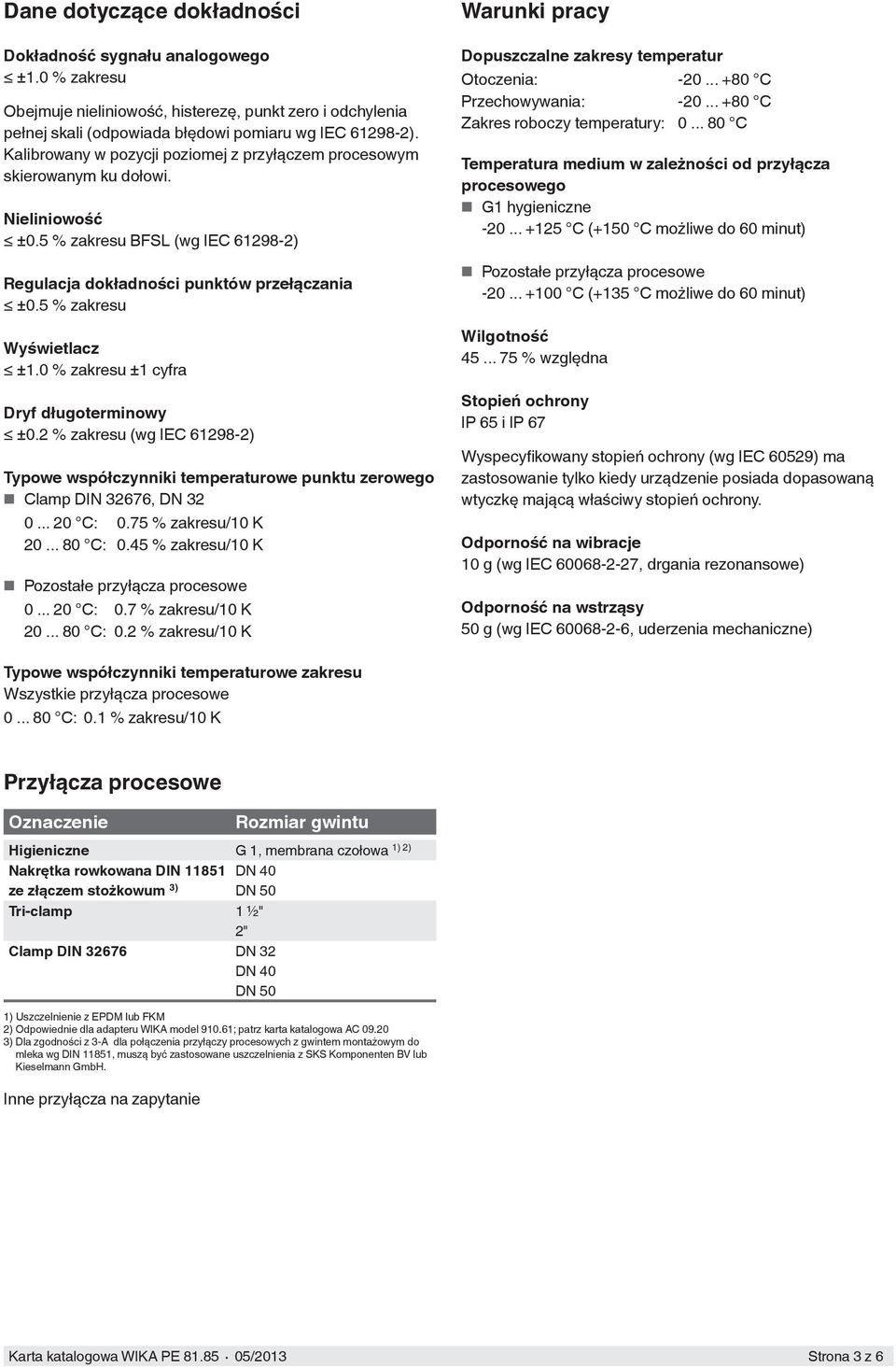 5 % zakresu Wyświetlacz ±1.0 % zakresu ±1 cyfra Dryf długoterminowy ±0.2 % zakresu (wg IEC 61298-2) Typowe współczynniki temperaturowe punktu zerowego Clamp DIN 32676, DN 32 0... 20 C: 0.