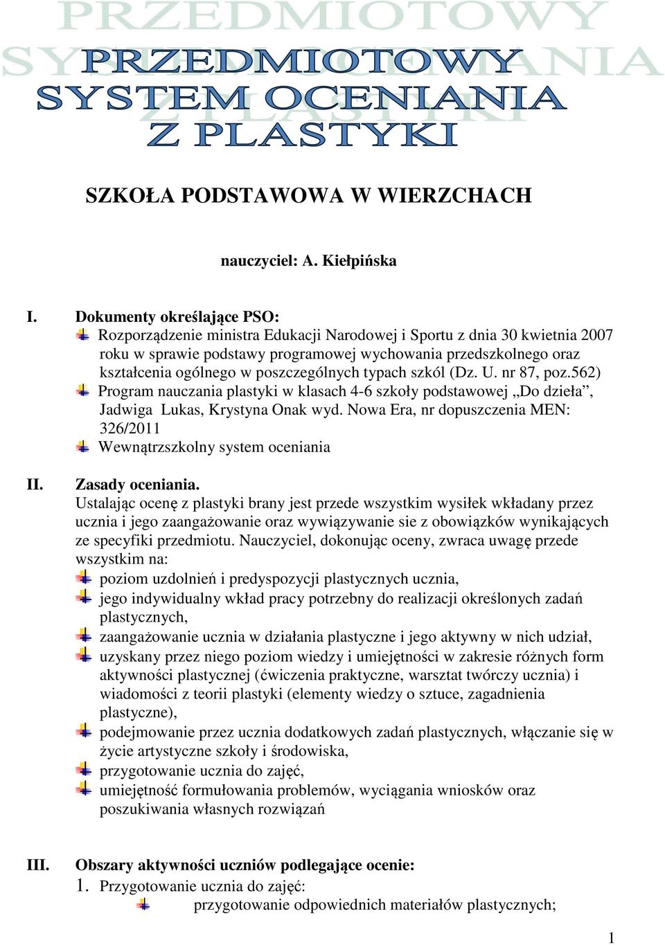 poszczególnych typach szkól (Dz. U. nr 87, poz.562) Program nauczania plastyki w klasach 4-6 szkoły podstawowej Do dzieła, Jadwiga Lukas, Krystyna Onak wyd.