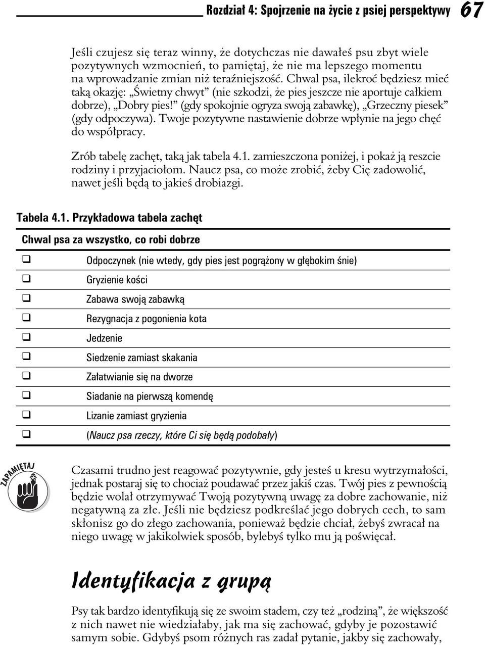 (gdy spokojnie ogryza swoj zabawk), Grzeczny piesek (gdy odpoczywa). Twoje pozytywne nastawienie dobrze wpynie na jego ch do wspópracy. Zrób tabel zacht, tak jak tabela 4.1.