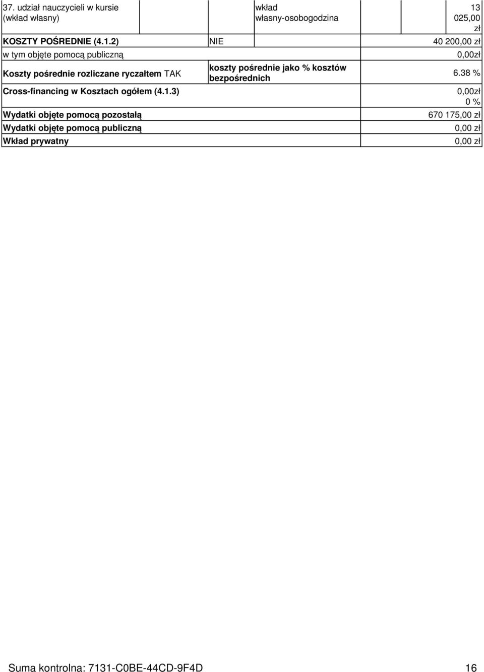 2) 40 200,00 w tym objęte pomocą publiczną Koszty pośrednie rozliczane ryczałtem TAK Cross-financing w