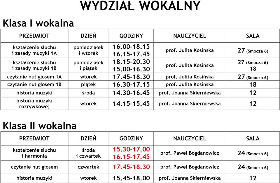 Julita Kosińska 18 środa 14.30-16.45 prof. Joanna Skierniewska 12 rozrywkowej Klasa II wokalna wtorek 14.15-15.45 prof. Joanna Skierniewska 12 i harmonia środa 15.30-17.