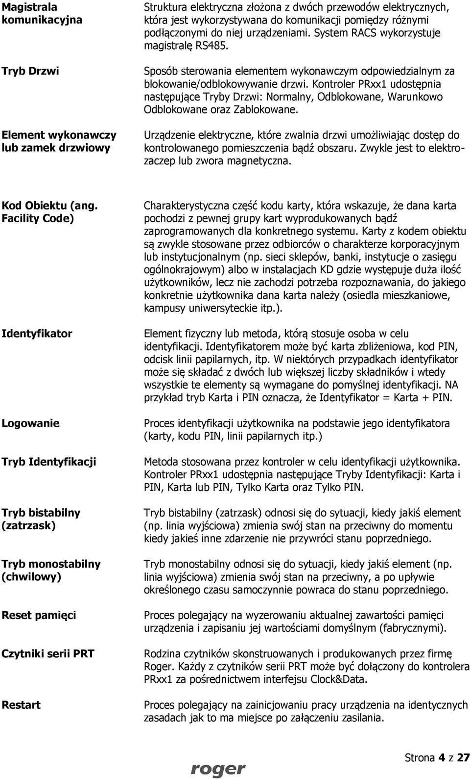 Kontroler PRxx1 udostępnia następujące Tryby Drzwi: Normalny, Odblokowane, Warunkowo Odblokowane oraz Zablokowane.