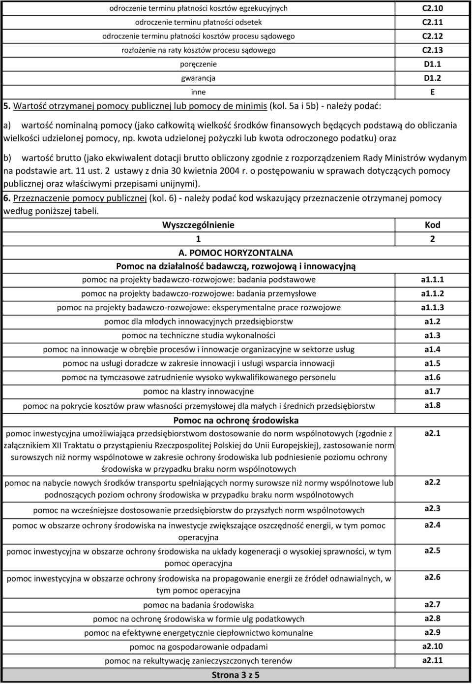 2 E a) wartość nominalną pomocy (jako całkowitą wielkość środków finansowych będących podstawą do obliczania wielkości udzielonej pomocy, np.