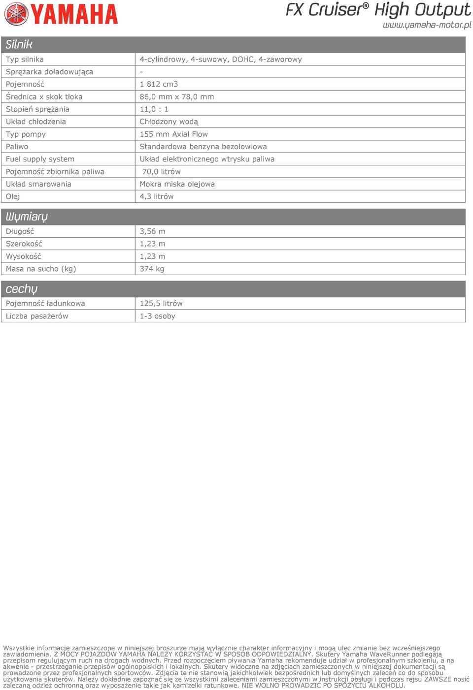 olejowa 4,3 litrów FX Cruiser High Output Wymiary Długość Szerokość Wysokość Masa na sucho (kg) cechy Pojemność ładunkowa Liczba pasażerów 3,56 m 1,23 m 1,23 m 374 kg 125,5 litrów 1-3 osoby Wszystkie