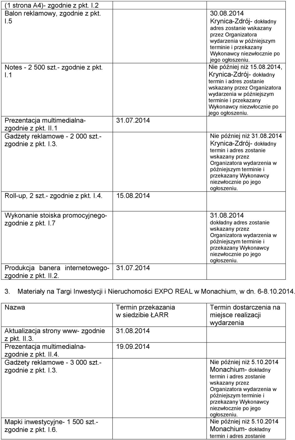 08.2014 Wykonanie stoiska promocyjnegozgodnie z pkt. I.7 Produkcja banera internetowegozgodnie z pkt. II.2. 31.07.2014 31.08.2014 dokładny adres zostanie 3.