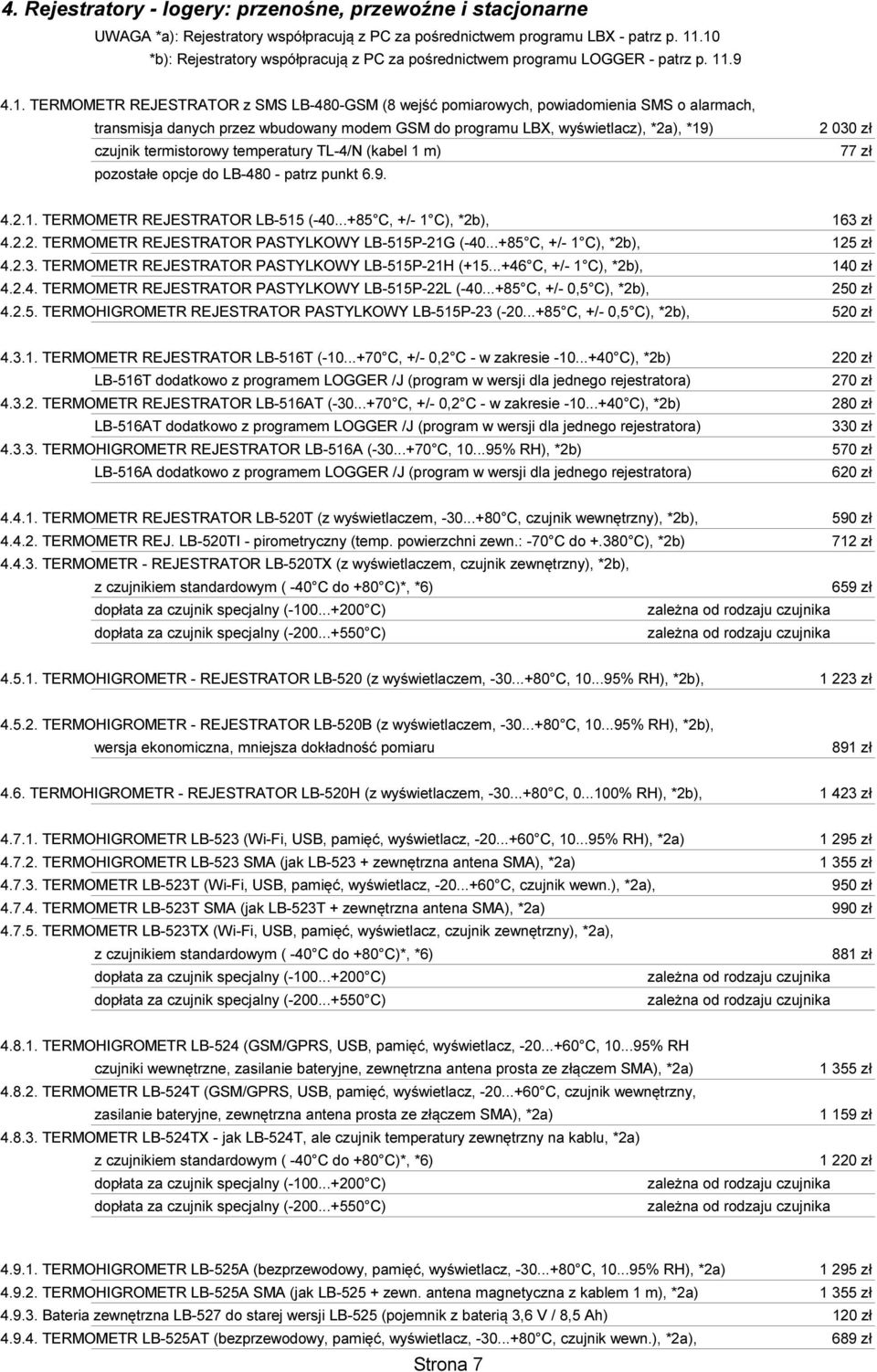 danych przez wbudowany modem GSM do programu LBX, wyświetlacz), *2a), *19) czujnik termistorowy temperatury TL-4/N (kabel 1 m) pozostałe opcje do LB-480 - patrz punkt 6.9. 2 030 zł 77 zł 4.2.1. TERMOMETR REJESTRATOR LB-515 (-40.