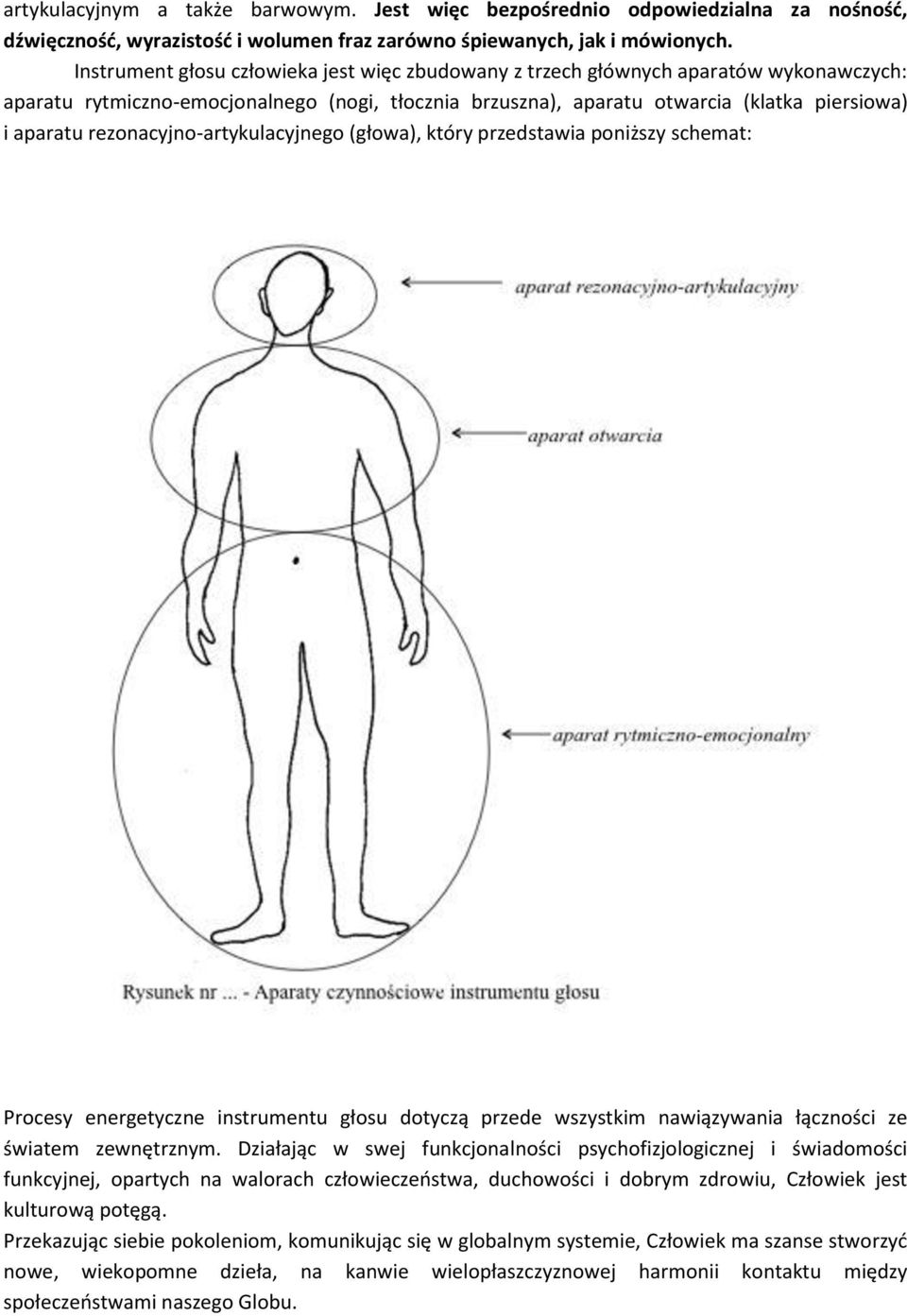 rezonacyjno-artykulacyjnego (głowa), który przedstawia poniższy schemat: Procesy energetyczne instrumentu głosu dotyczą przede wszystkim nawiązywania łączności ze światem zewnętrznym.