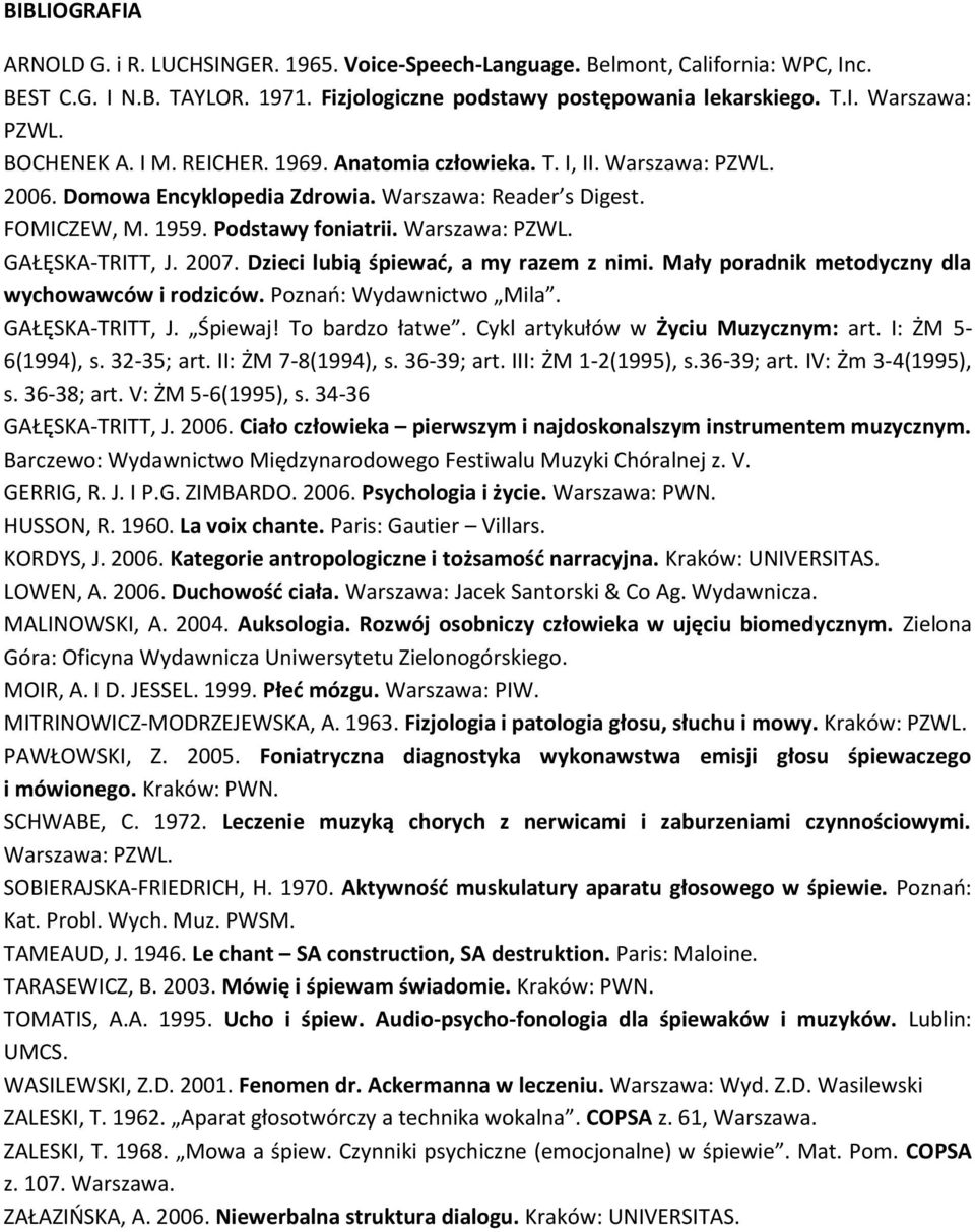 2007. Dzieci lubią śpiewać, a my razem z nimi. Mały poradnik metodyczny dla wychowawców i rodziców. Poznań: Wydawnictwo Mila. GAŁĘSKA-TRITT, J. Śpiewaj! To bardzo łatwe.