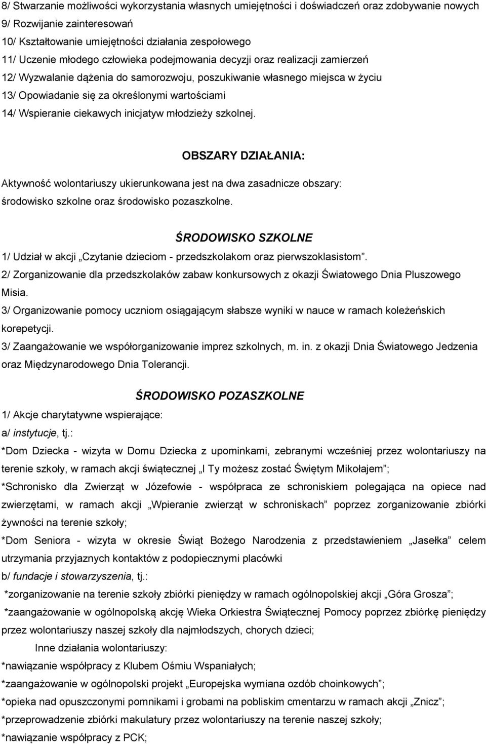 ciekawych inicjatyw młodzieży szkolnej. OBSZARY DZIAŁANIA: Aktywność wolontariuszy ukierunkowana jest na dwa zasadnicze obszary: środowisko szkolne oraz środowisko pozaszkolne.