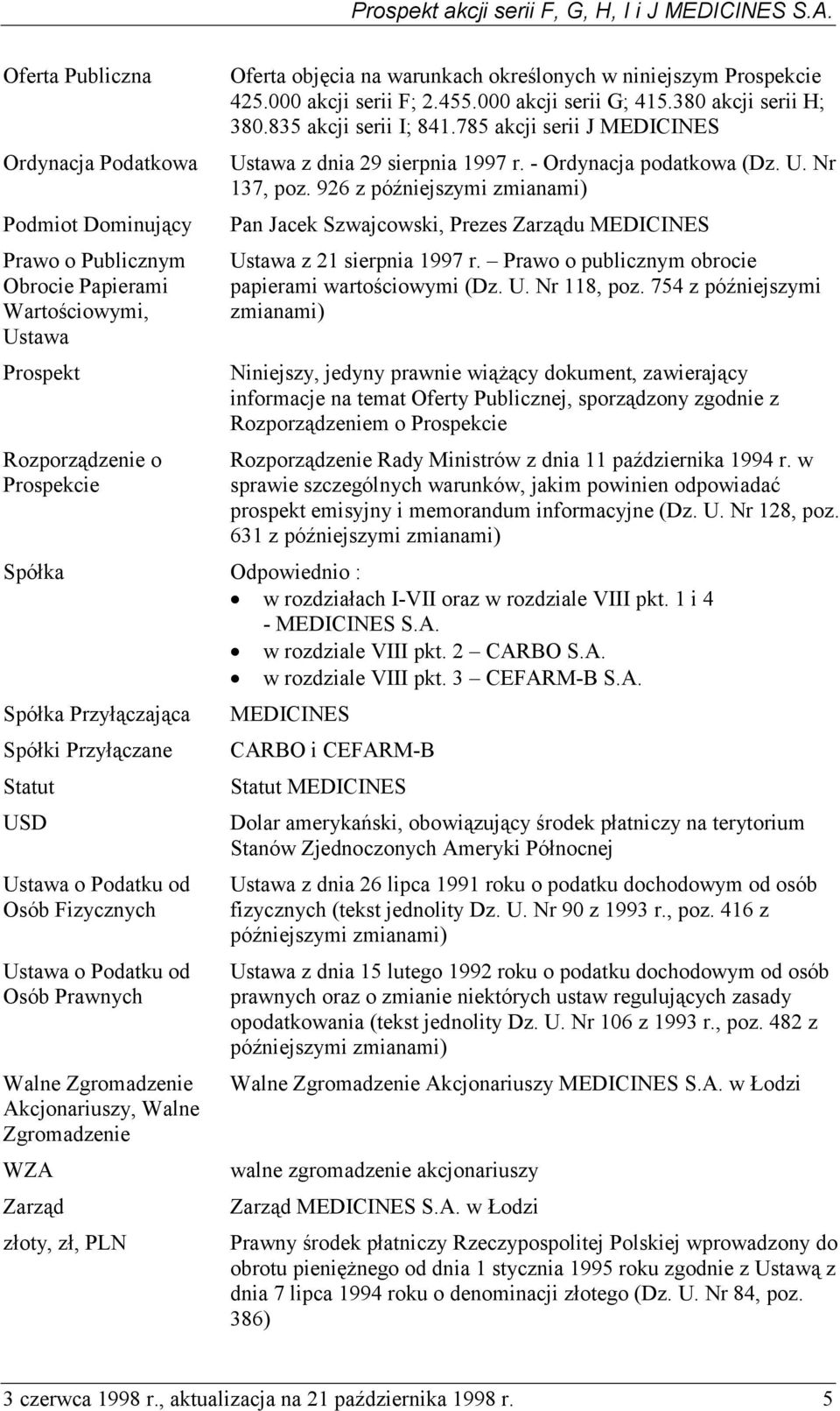 - Ordynacja podatkowa (Dz. U. Nr 137, poz. 926 z późniejszymi zmianami) Pan Jacek Szwajcowski, Prezes Zarządu MEDICINES Ustawa z 21 sierpnia 1997 r.