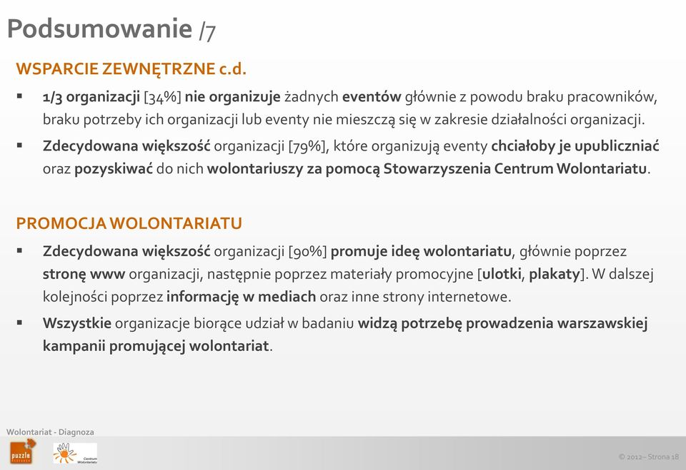 PROMOCJA WOLONTARIATU Zdecydowana większość organizacji [90%] promuje ideę wolontariatu, głównie poprzez stronę www organizacji, następnie poprzez materiały promocyjne [ulotki, plakaty].