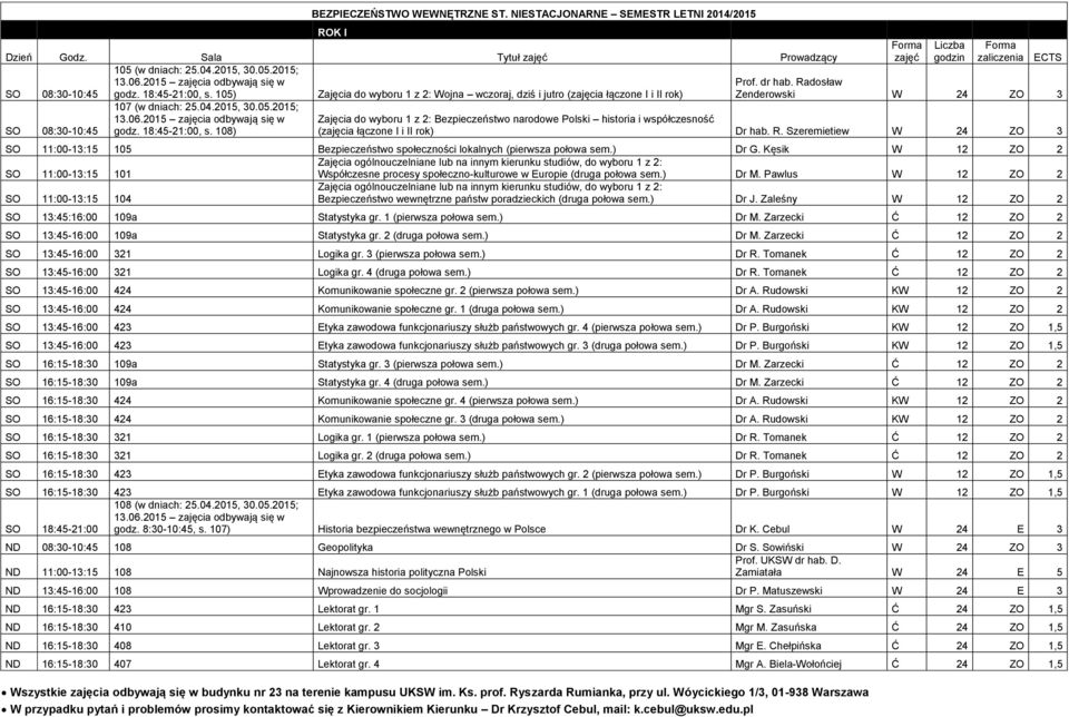 Radosław Zenderowski W 24 ZO 3 Zajęcia do wyboru 1 z 2: Bezpieczeństwo narodowe Polski historia i współczesność (zajęcia łączone I i II rok) Dr hab. R.