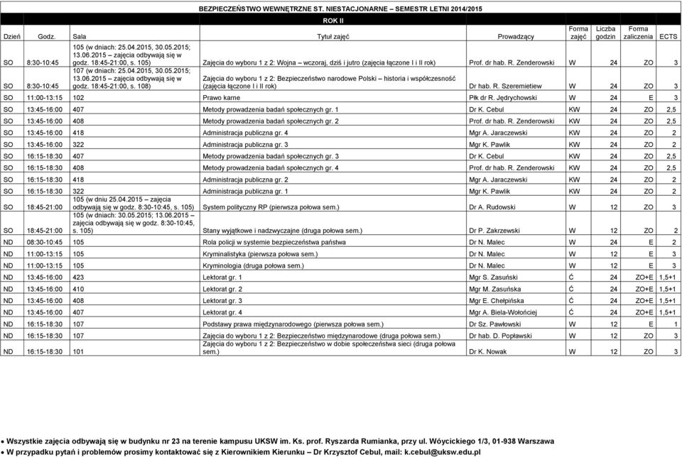 108) Zajęcia do wyboru 1 z 2: Bezpieczeństwo narodowe Polski historia i współczesność (zajęcia łączone I i II rok) Dr hab. R. Szeremietiew W 24 ZO 3 SO 11:00-13:15 102 Prawo karne Płk dr R.