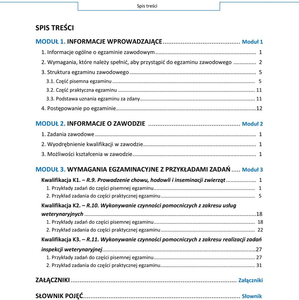 INFORMACJE O ZAWODZIE... Moduł 2 1. Zadania zawodowe... 1 2. Wyodrębnienie kwalifikacji w zawodzie... 1 3. Możliwości kształcenia w zawodzie... 1 MODUŁ 3. WYMAGANIA EGZAMINACYJNE Z PRZYKŁADAMI ZADAŃ.