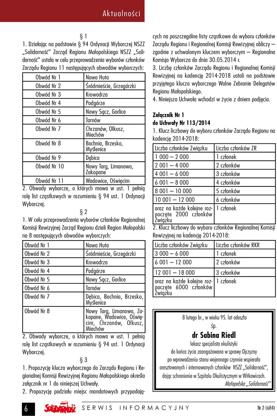 wyborczych: Obwód Nr 1 Nowa Huta Obwód Nr 2 Śródmieście, Grzegórzki Obwód Nr 3 Krowodrza Obwód Nr 4 Podgórze Obwód Nr 5 Nowy Sącz, Gorlice Obwód Nr 6 Tarnów Obwód Nr 7 Chrzanów, Olkusz, Miechów Obwód