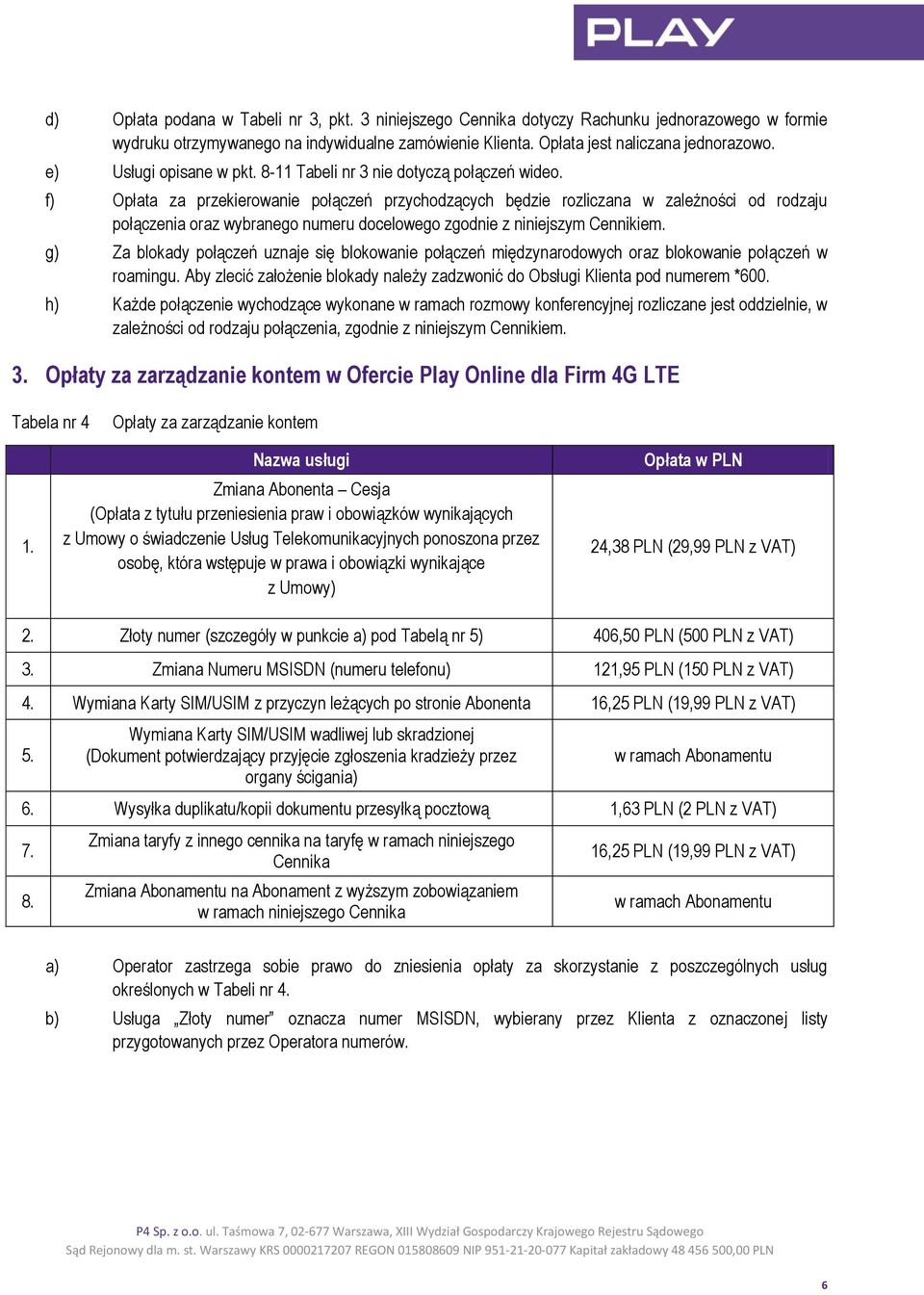 f) Opłata za przekierowanie połączeń przychodzących będzie rozliczana w zależności od rodzaju połączenia oraz wybranego numeru docelowego zgodnie z niniejszym Cennikiem.