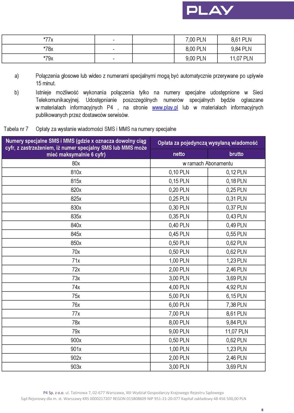 Udostępnianie poszczególnych numerów specjalnych będzie ogłaszane w materiałach informacyjnych P4, na stronie www.play.pl lub w materiałach informacyjnych publikowanych przez dostawców serwisów.