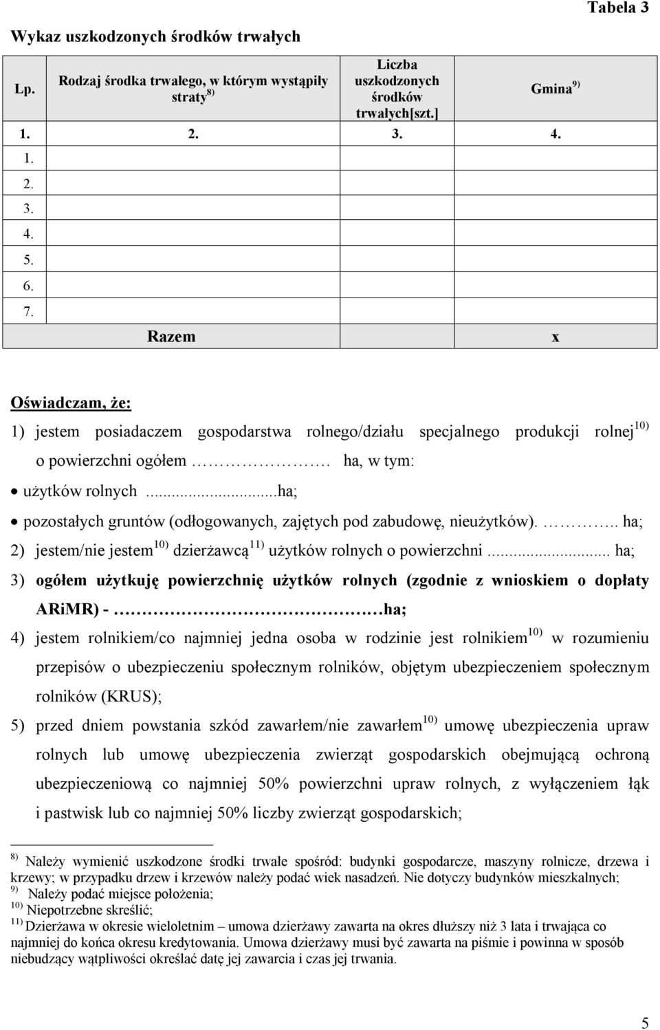 ..ha; pozostałych gruntów (odłogowanych, zajętych pod zabudowę, nieużytków)... ha; 2) jestem/nie jestem 10) dzierżawcą 11) użytków rolnych o powierzchni.