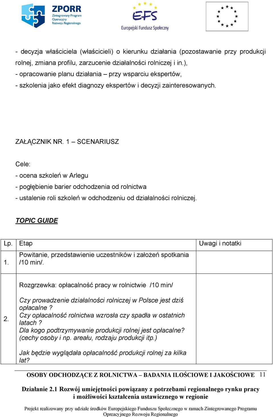 1 SCENARIUSZ Cele: - ocena szkoleń w Arlegu - pogłębienie barier odchodzenia od rolnictwa - ustalenie roli szkoleń w odchodzeniu od działalności rolniczej. TOPIC GUIDE Lp. Etap 1.