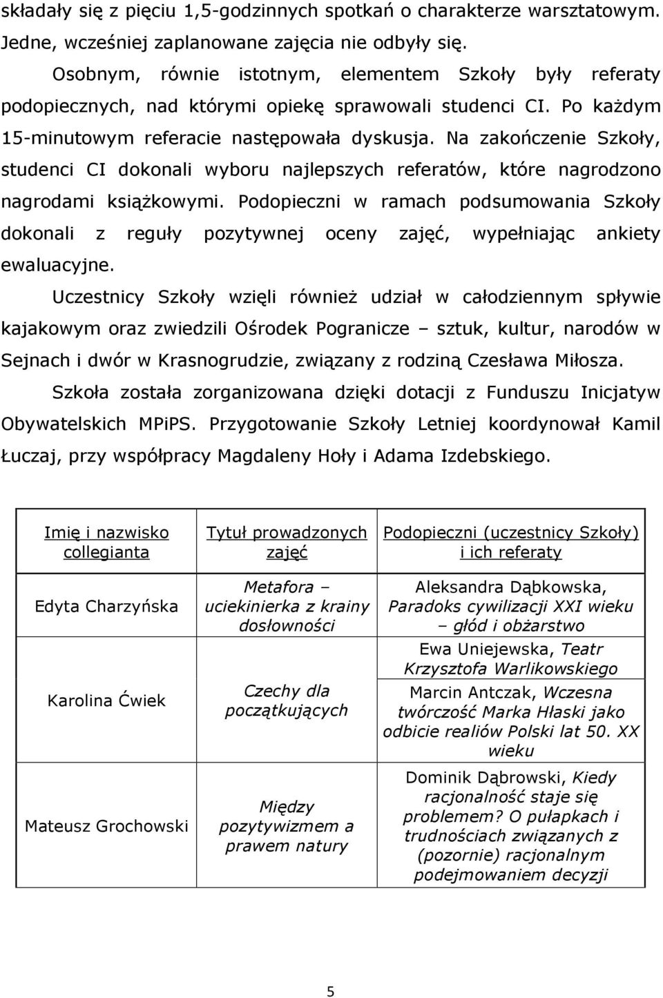 Na zakończenie Szkoły, studenci CI dokonali wyboru najlepszych referatów, które nagrodzono nagrodami ksiąŝkowymi.