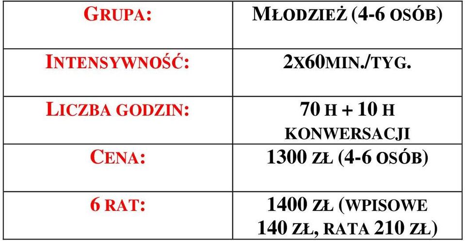 70 H + 10 H KONWERSACJI 1300 ZŁ