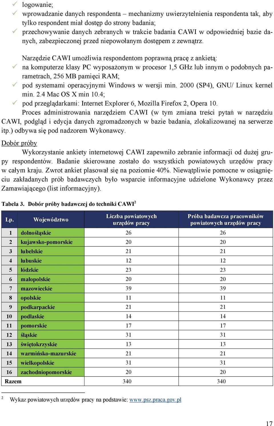 Narzędzie CAWI umożliwia respondentom poprawną pracę z ankietą: na komputerze klasy PC wyposażonym w procesor 1,5 GHz lub innym o podobnych parametrach, 256 MB pamięci RAM; pod systemami operacyjnymi