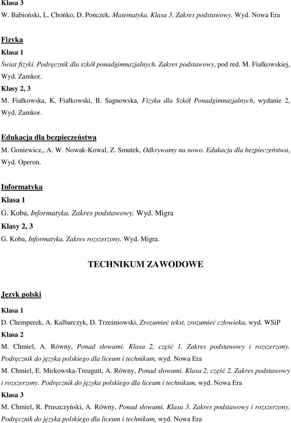 Smutek, Odkrywamy na nowo. Edukacja dla bezpieczeństwa, Wyd. Operon. Informatyka G. Koba, Informatyka. Zakres podstawowy. Wyd. Migra Klasy 2, 3 G. Koba, Informatyka. Zakres rozszerzony. Wyd. Migra. TECHNIKUM ZAWODOWE Język polski D.