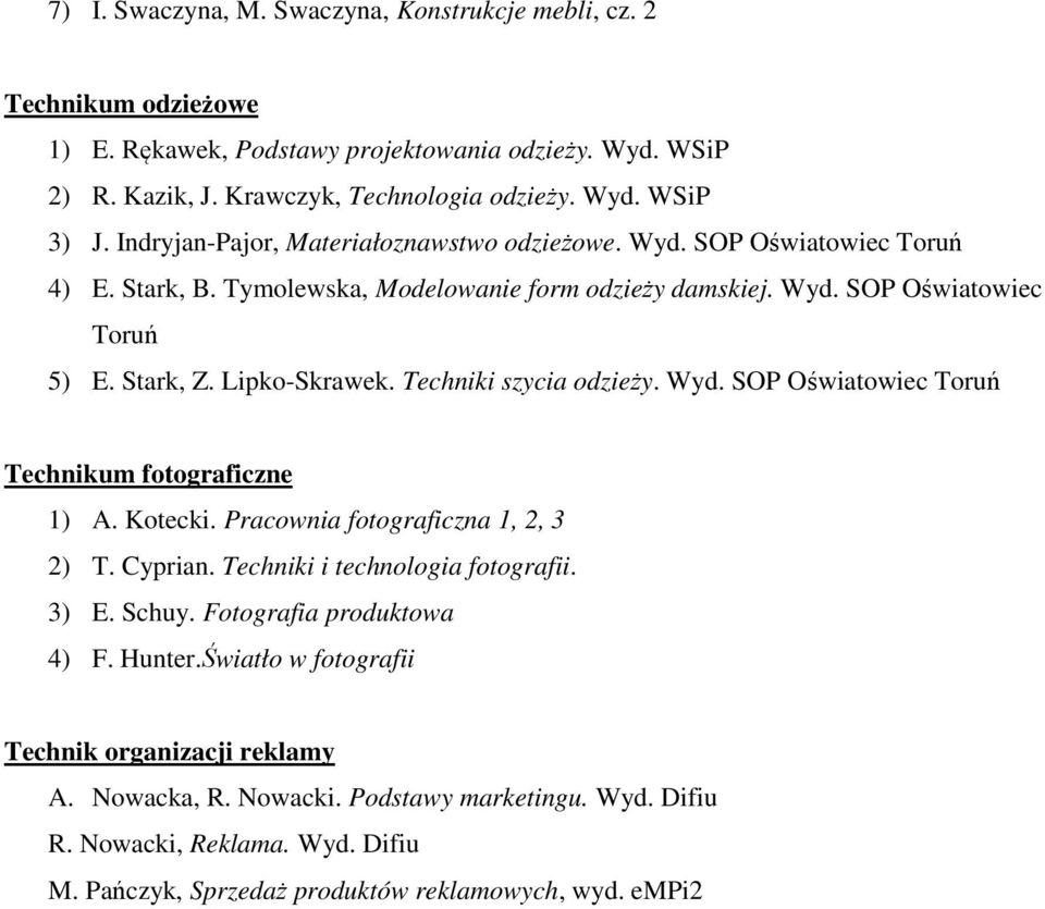 Techniki szycia odzieży. Wyd. SOP Oświatowiec Toruń Technikum fotograficzne 1) A. Kotecki. Pracownia fotograficzna 1, 2, 3 2) T. Cyprian. Techniki i technologia fotografii. 3) E. Schuy.