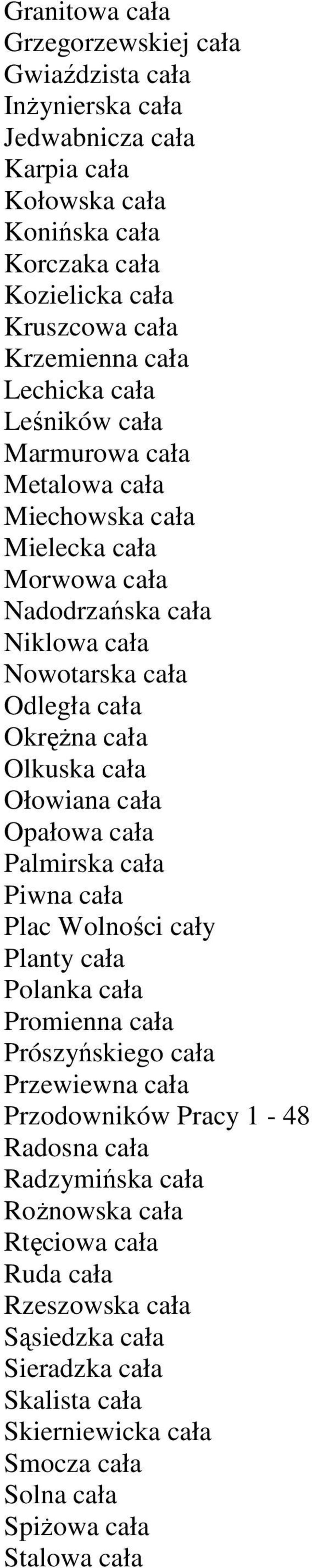 cała Ołowiana cała Opałowa cała Palmirska cała Piwna cała Plac Wolności cały Planty cała Polanka cała Promienna cała Prószyńskiego cała Przewiewna cała Przodowników Pracy 1-48 Radosna