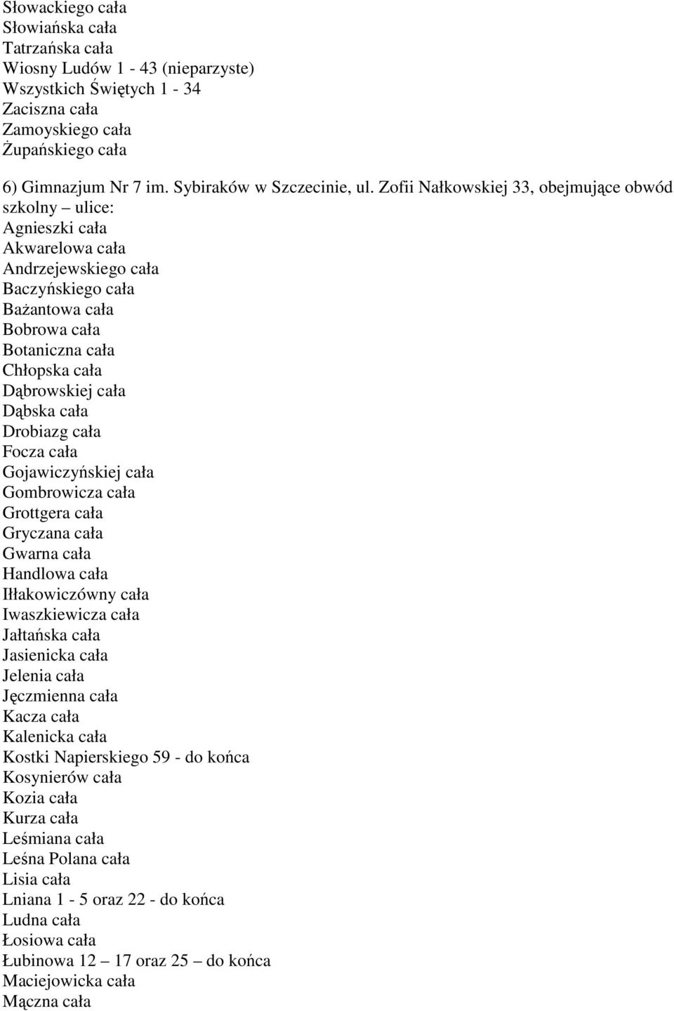 Zofii Nałkowskiej 33, obejmujące obwód szkolny ulice: Agnieszki cała Akwarelowa cała Andrzejewskiego cała Baczyńskiego cała BaŜantowa cała Bobrowa cała Botaniczna cała Chłopska cała Dąbrowskiej cała