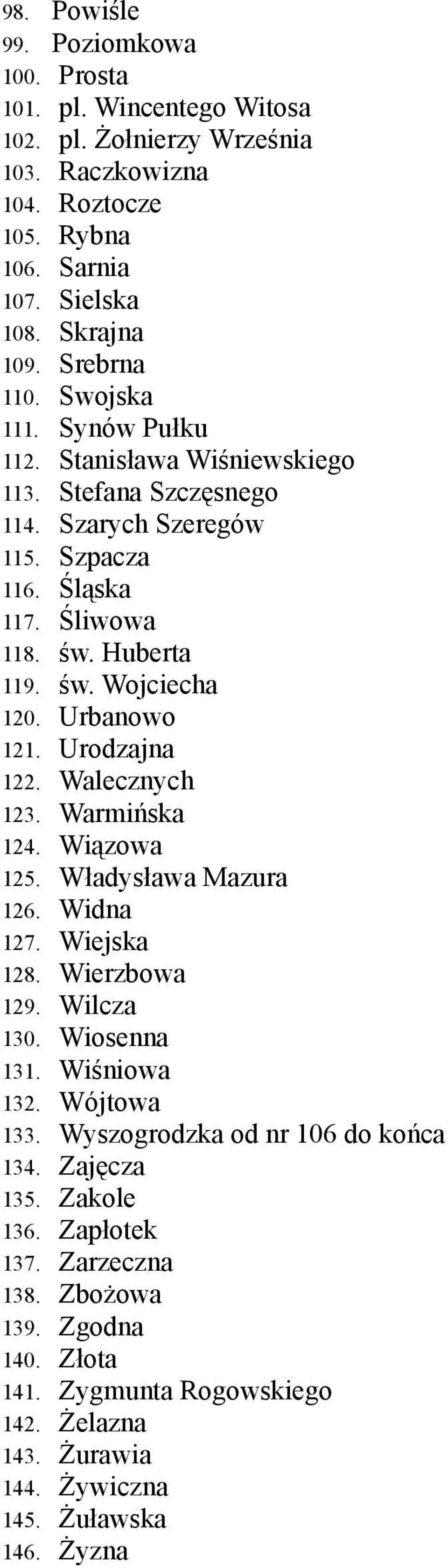 Urodzajna 122. Walecznych 123. Warmińska 124. Wiązowa 125. Władysława Mazura 126. Widna 127. Wiejska 128. Wierzbowa 129. Wilcza 130. Wiosenna 131. Wiśniowa 132. Wójtowa 133.