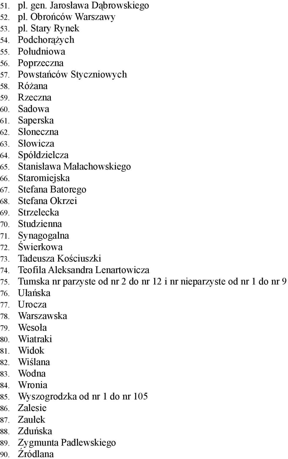 Synagogalna 72. Świerkowa 73. Tadeusza Kościuszki 74. Teofila Aleksandra Lenartowicza 75. Tumska nr parzyste od nr 2 do nr 12 i nr nieparzyste od nr 1 do nr 9 76. Ułańska 77. Urocza 78.