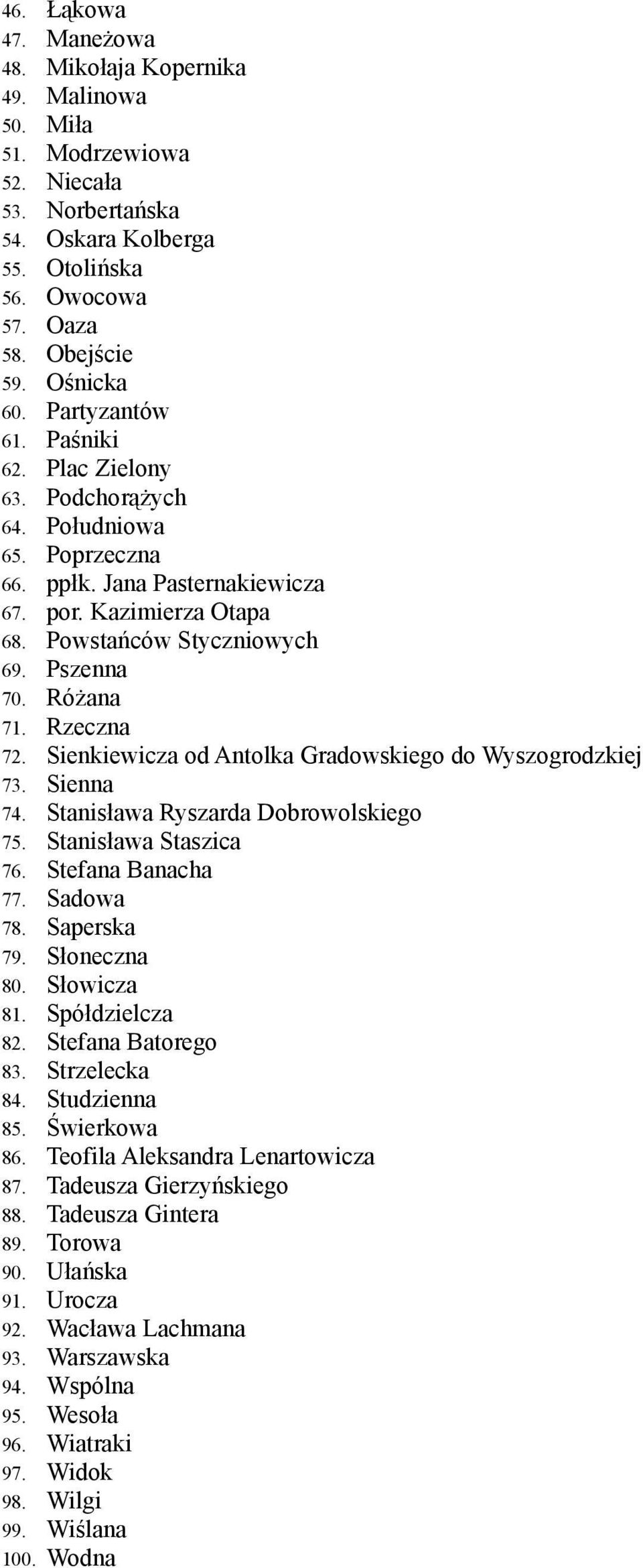 Rzeczna 72. Sienkiewicza od Antolka Gradowskiego do Wyszogrodzkiej 73. Sienna 74. Stanisława Ryszarda Dobrowolskiego 75. Stanisława Staszica 76. Stefana Banacha 77. Sadowa 78. Saperska 79.