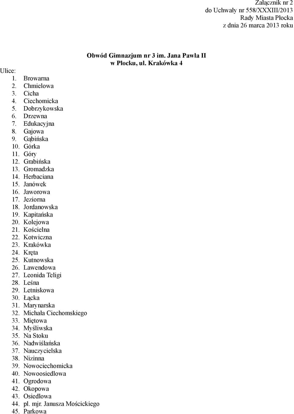 Kolejowa 21. Kościelna 22. Kotwiczna 23. Krakówka 24. Kręta 25. Kutnowska 26. Lawendowa 27. Leonida Teligi 28. Leśna 29. Letniskowa 30. Łącka 31. Marynarska 32. Michała Ciechomskiego 33.