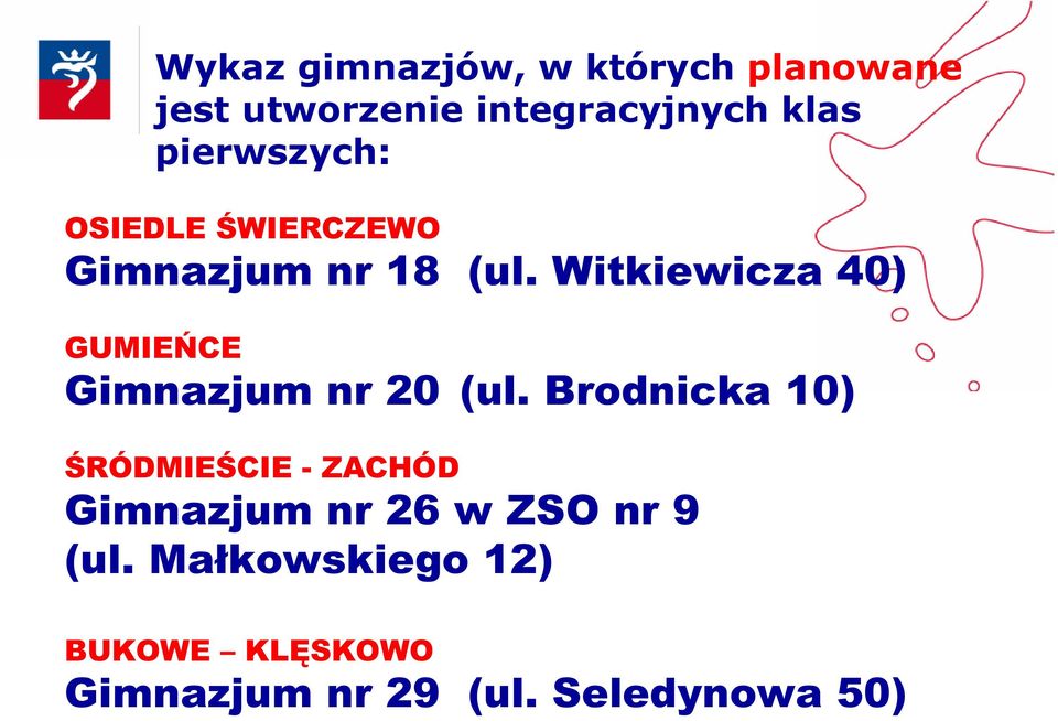 Witkiewicza 40) GUMIEŃCE Gimnazjum nr 20 (ul.