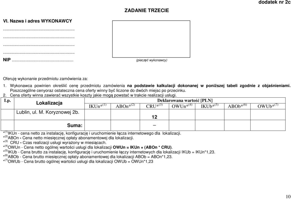 Poszczególne cenyoraz ostateczna cena oferty winny być liczone do dwóch miejsc po przecinku. 2. Cena oferty winna zawierać wszystkie koszty jakie mogą powstać w trakcie realizacji usługi. Lp.