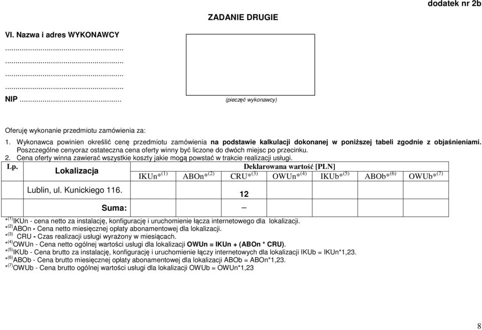 Poszczególne cenyoraz ostateczna cena oferty winny być liczone do dwóch miejsc po przecinku. 2. Cena oferty winna zawierać wszystkie koszty jakie mogą powstać w trakcie realizacji usługi. Lp.