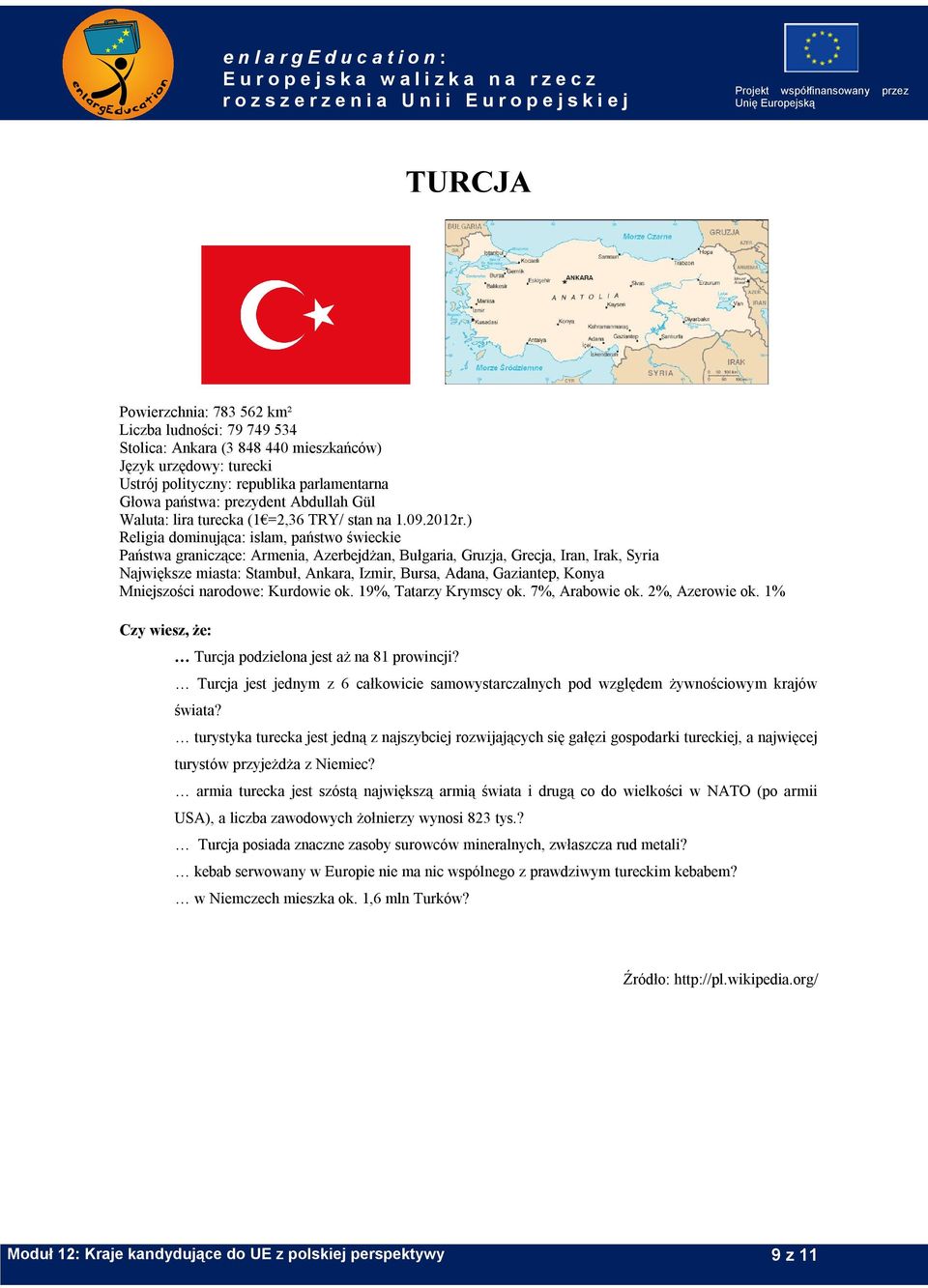 ) Religia dominująca: islam, państwo świeckie Państwa graniczące: Armenia, Azerbejdżan, Bułgaria, Gruzja, Grecja, Iran, Irak, Syria Największe miasta: Stambuł, Ankara, Izmir, Bursa, Adana, Gaziantep,