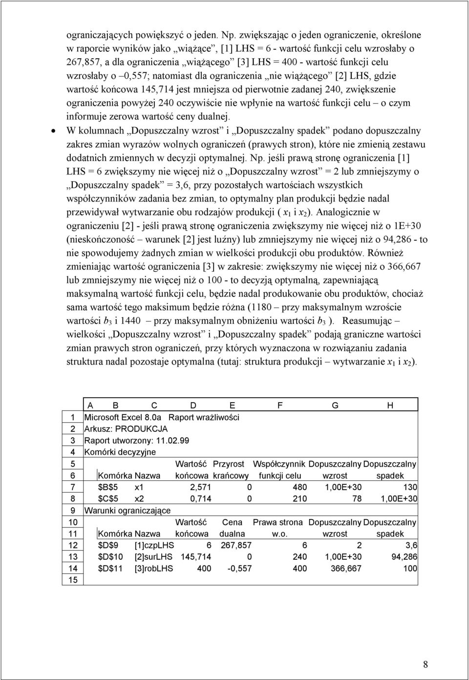 wzrosłaby o 0,557; natomiast dla ograniczenia nie wiążącego [2] LHS, gdzie wartość końcowa 145,714 jest mniejsza od pierwotnie zadanej 240, zwiększenie ograniczenia powyżej 240 oczywiście nie wpłynie