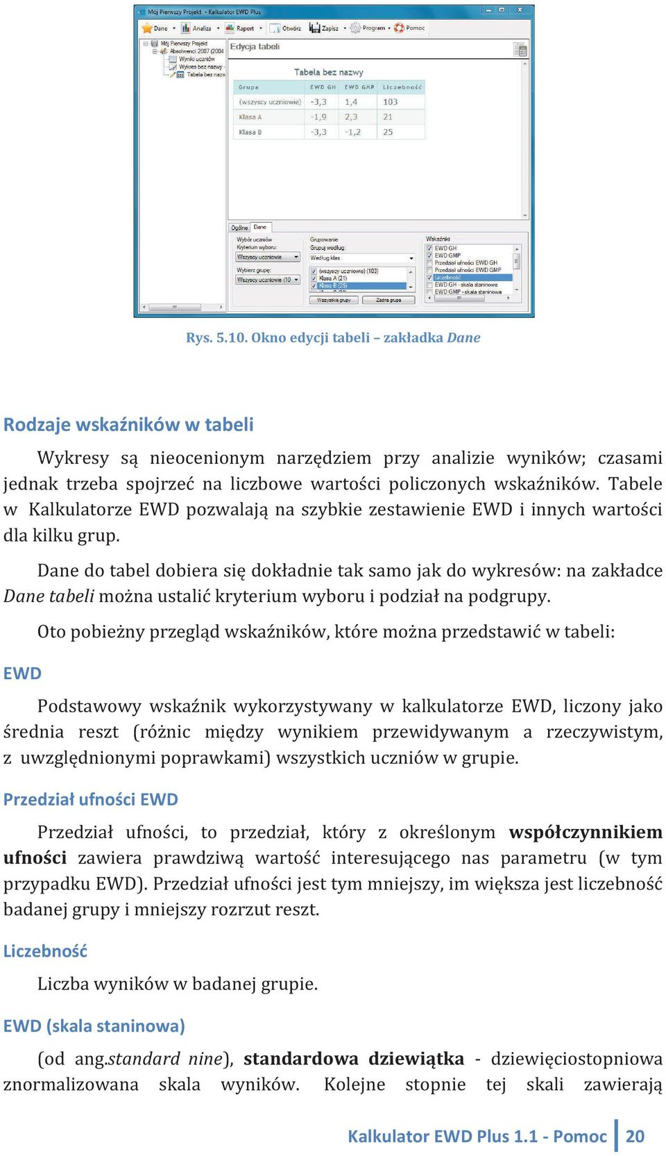 Tabele w Kalkulatorze EWD pozwalają na szybkie zestawienie EWD i innych wartości dla kilku grup.