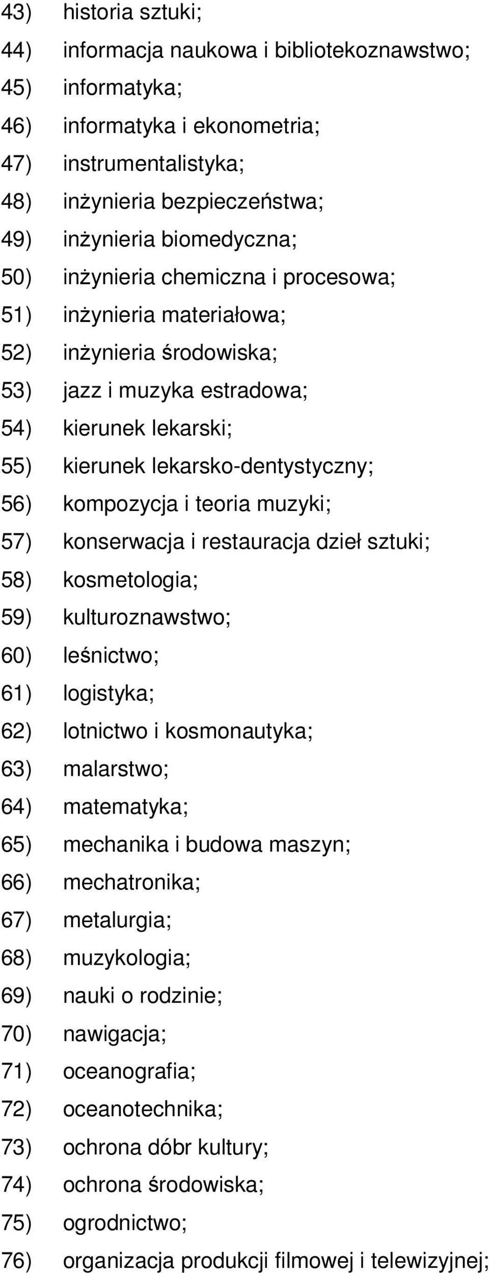 muzyki; 57) konserwacja i restauracja dzieł sztuki; 58) kosmetologia; 59) kulturoznawstwo; 60) lenictwo; 61) logistyka; 62) lotnictwo i kosmonautyka; 63) malarstwo; 64) matematyka; 65) mechanika i