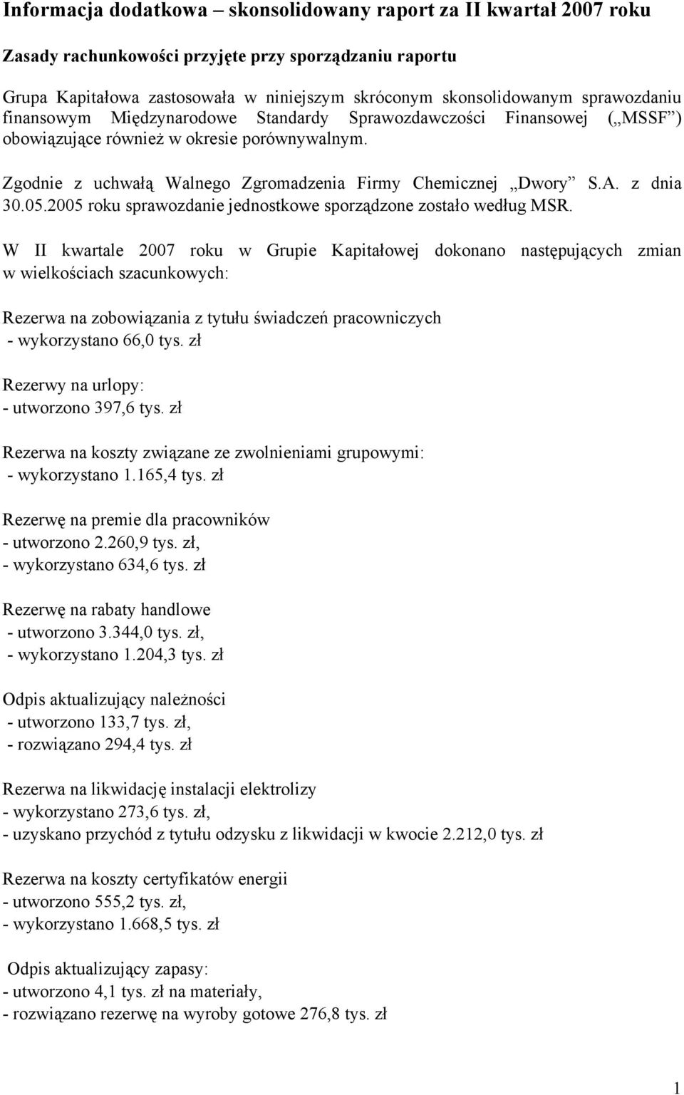 z dnia 30.05.2005 roku sprawozdanie jednostkowe sporządzone zostało według MSR.