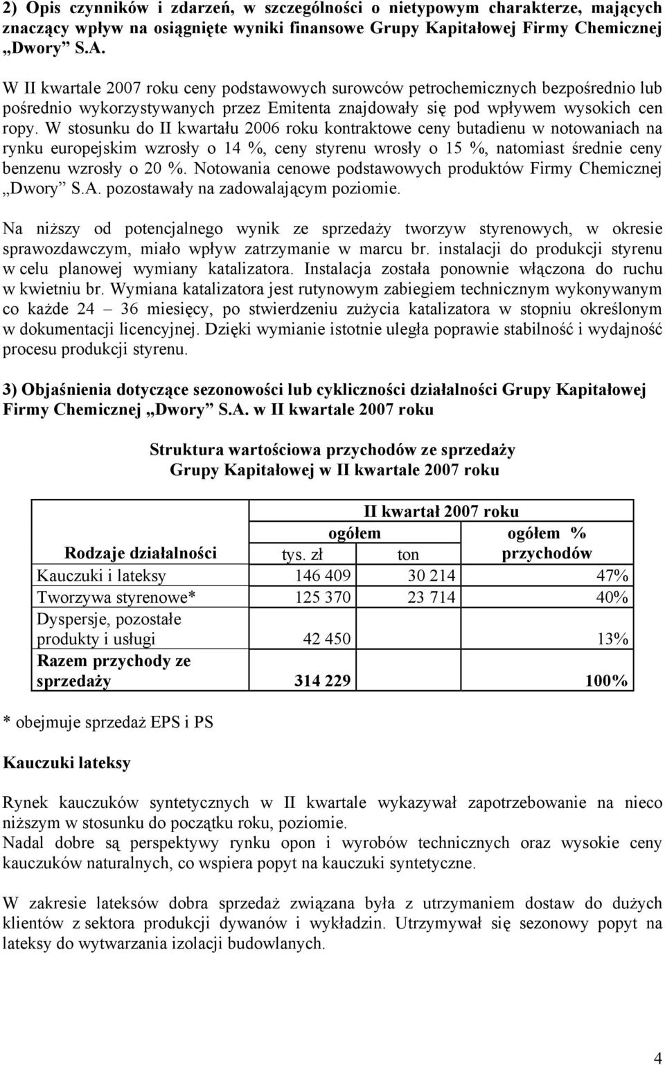 W stosunku do II kwartału 2006 roku kontraktowe ceny butadienu w notowaniach na rynku europejskim wzrosły o 14 %, ceny styrenu wrosły o 15 %, natomiast średnie ceny benzenu wzrosły o 20 %.